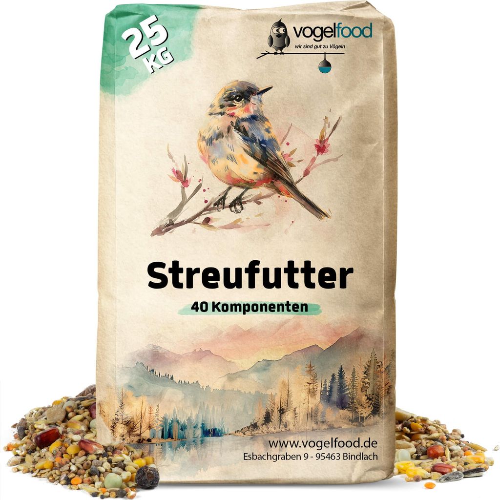 A bag of bird seed with a watercolor illustration of a bird and a landscape.
