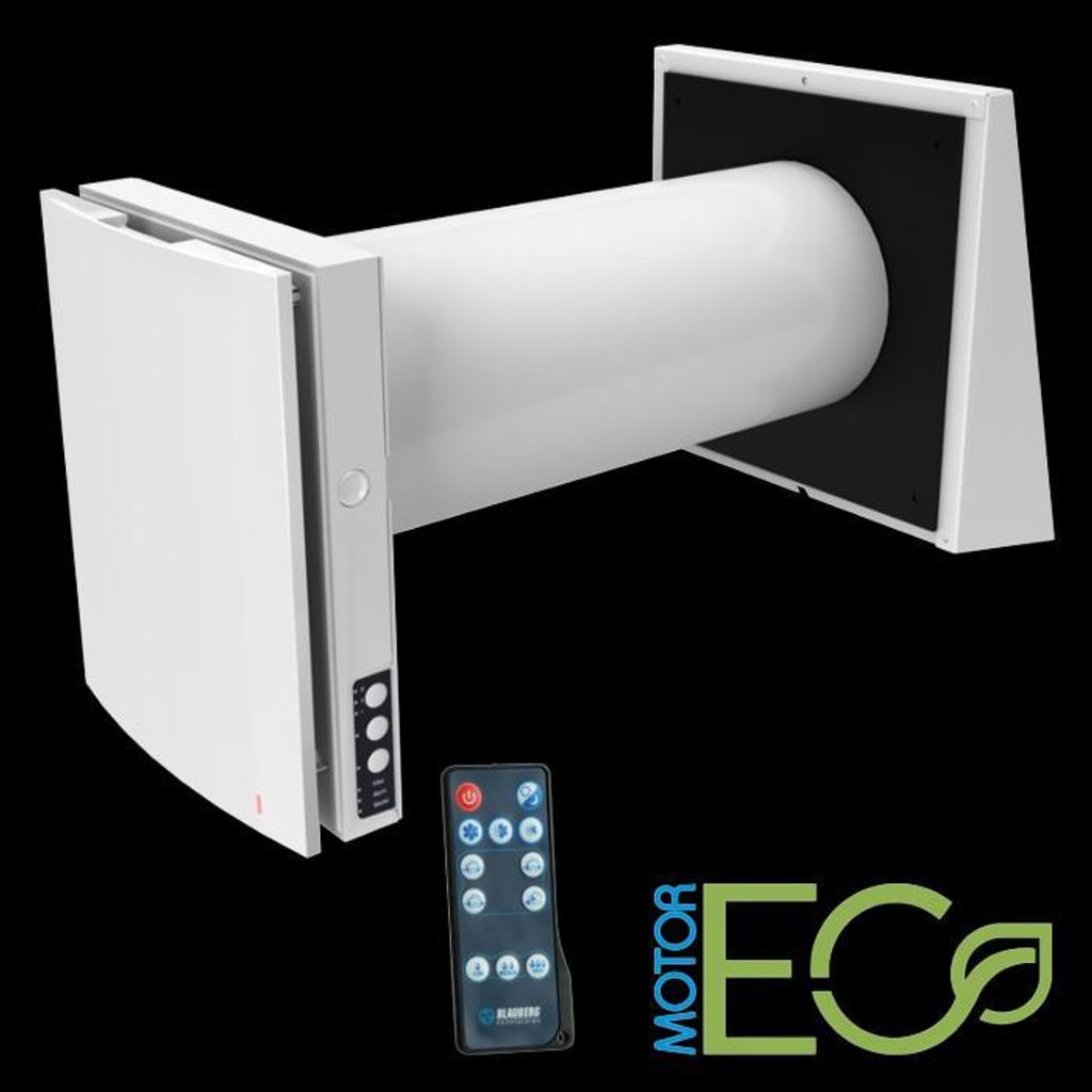 A white ventilation unit with a remote control and marketing text.