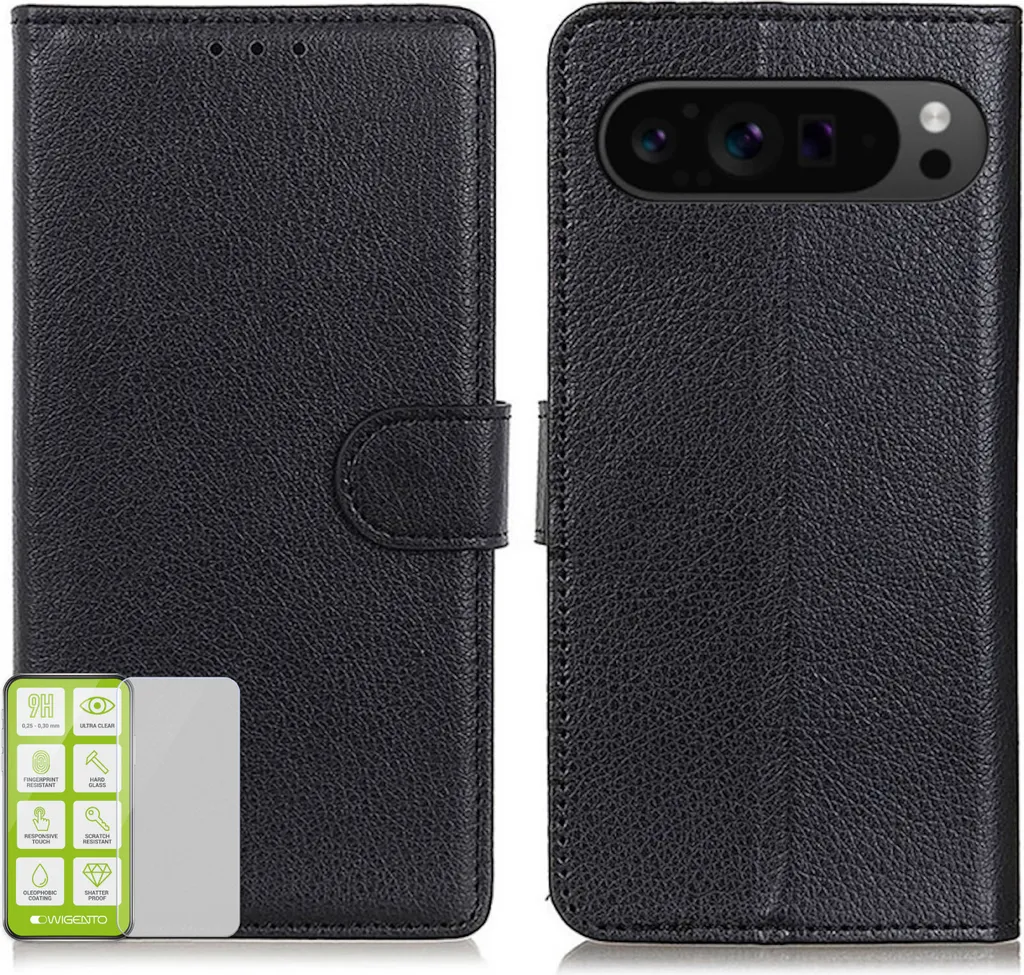 Per Google Pixel 9 Pro XL Custodia del telefono cellulare Custodia nera Custodia in pelle artificiale + vetro temperato H9