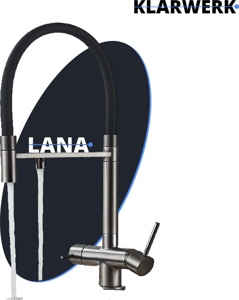 Lana | 3 Wege Grau Schwarz ausziehbare Armatur | Edelstahl Trinkwasser Osmose Wasserhahn Küche |Mischbatterie - 360 Grad drehbar | Filter 3 Anschl...