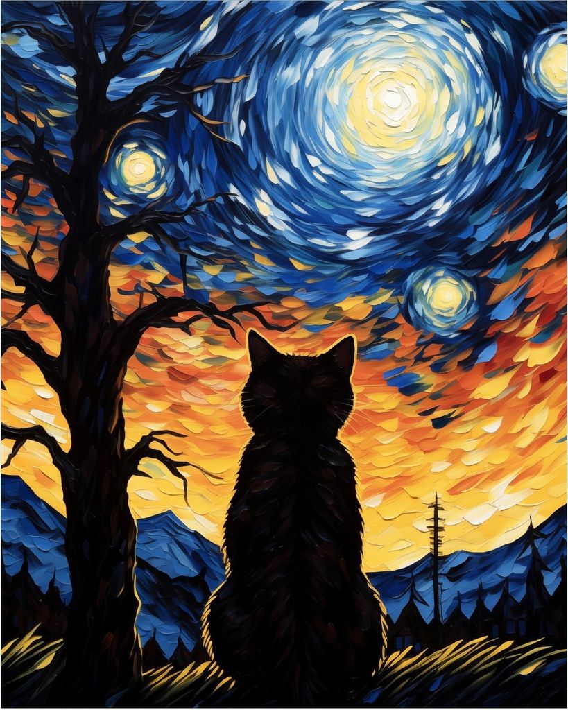 Wallario Poster - Katze im Sternenlicht, Kunstdruck Größe: 40 x 50 cm