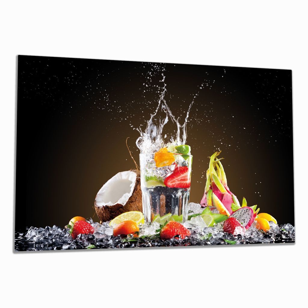 Wallario Herdabdeckplatte aus Glas, Größe 80 x 52 cm 1-teilig, Motiv Tropische Früchte in einem erfrischenden Drink