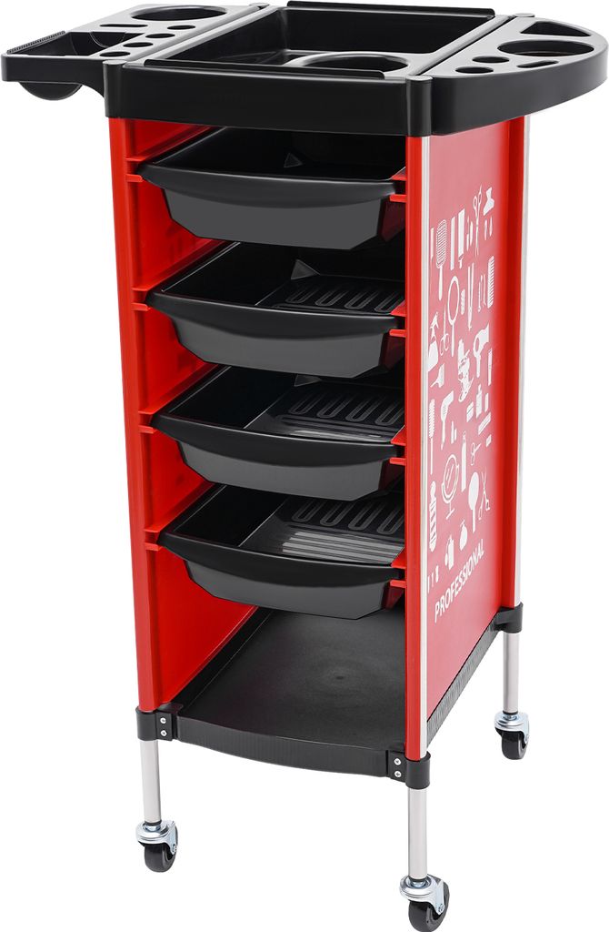 Salon Trolley Friseurwagen Salonwagen mit 4 ausziehbaren Schubladen für Stylisten Rot