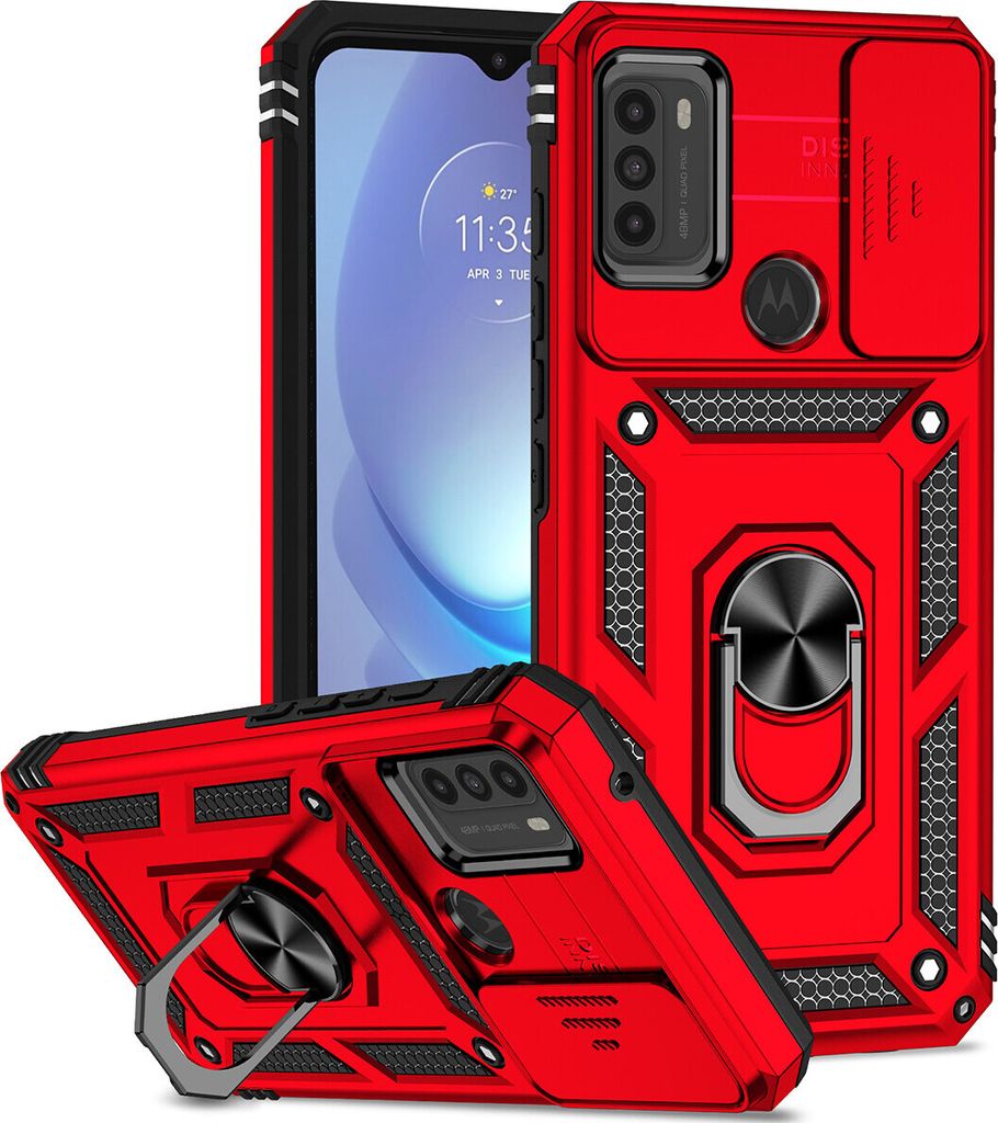 Moto G50 Hülle mit Schiebe Kamera Schutz und Ringhalter Ständer Robust Rüstung Schutzhülle für Motorola Moto G50 Rot