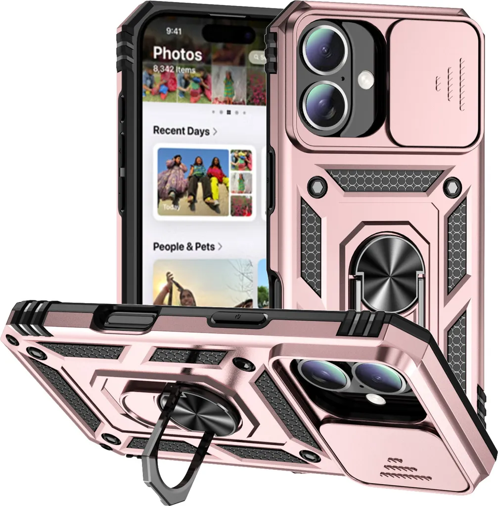 Custodia iPhone 16 Oro Rosa con Protezione Fotocamera e Anello