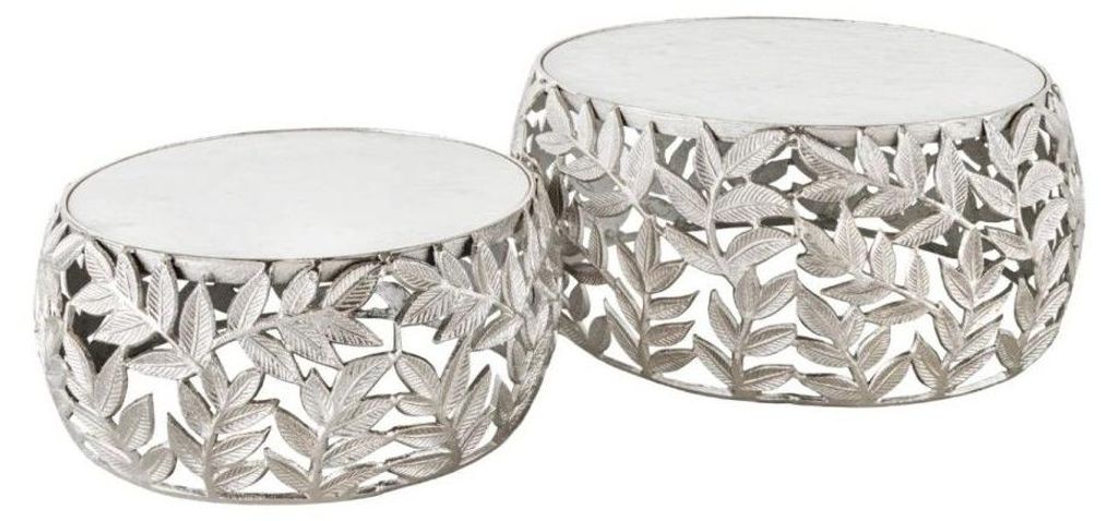 Set von 2 niedrigen Tischen METRIX in Silber mit Marmorplatte – Design-Couchtische mit Blattmotiv