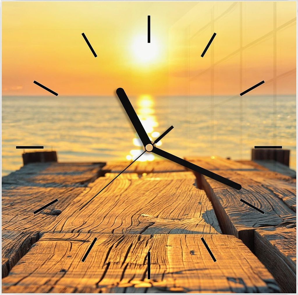 Wanduhr aus Glas mit Motiv Sonnenuntergang Meer- 30 x 30 cm - inkl. Aufhängesystem