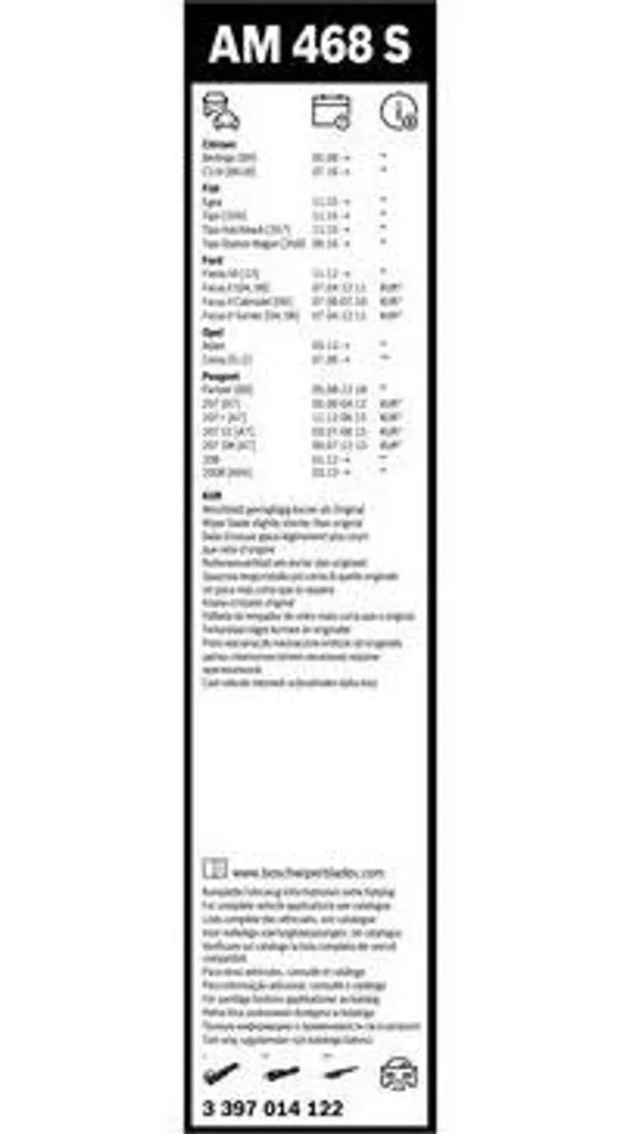 Balai d'essuie-glace plat Bosch pour Peugeot 207, 2008 et Corsa D