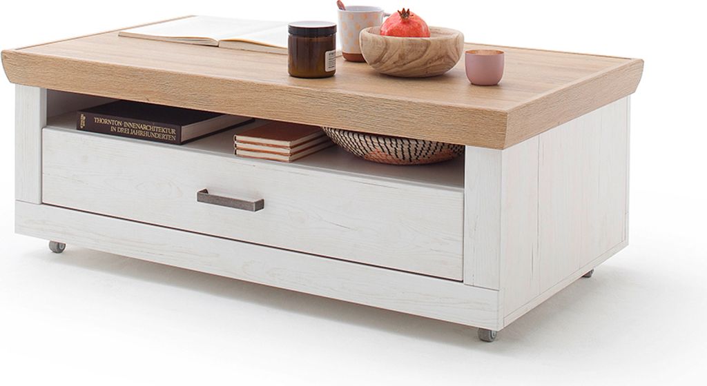Couchtisch mit Rollen MARINGA-05 in Pinie weiß mit Eiche Nb. im Landhaus Stil, B/H/T ca. 115/44/65 cm