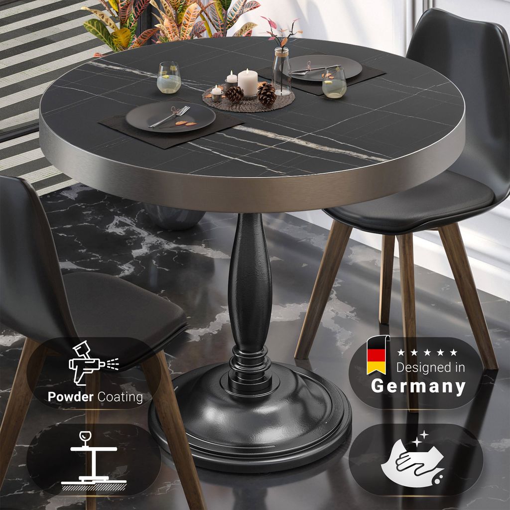 BD | Bistro Tisch | Ø 70 x 78 cm | Rund | Edelstahl Rand | Schwarz Marmor / Schwarz | Bistrotisch Gastro Tisch