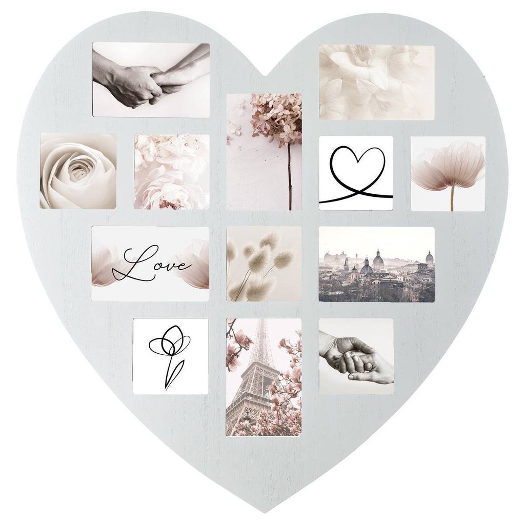 A heart-shaped photo frame collage with multiple small photos of flowers, hands, and cityscapes.