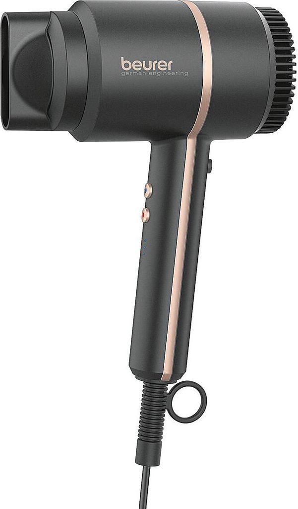 A black Beurer hair dryer with rose gold accents is shown against a white background.