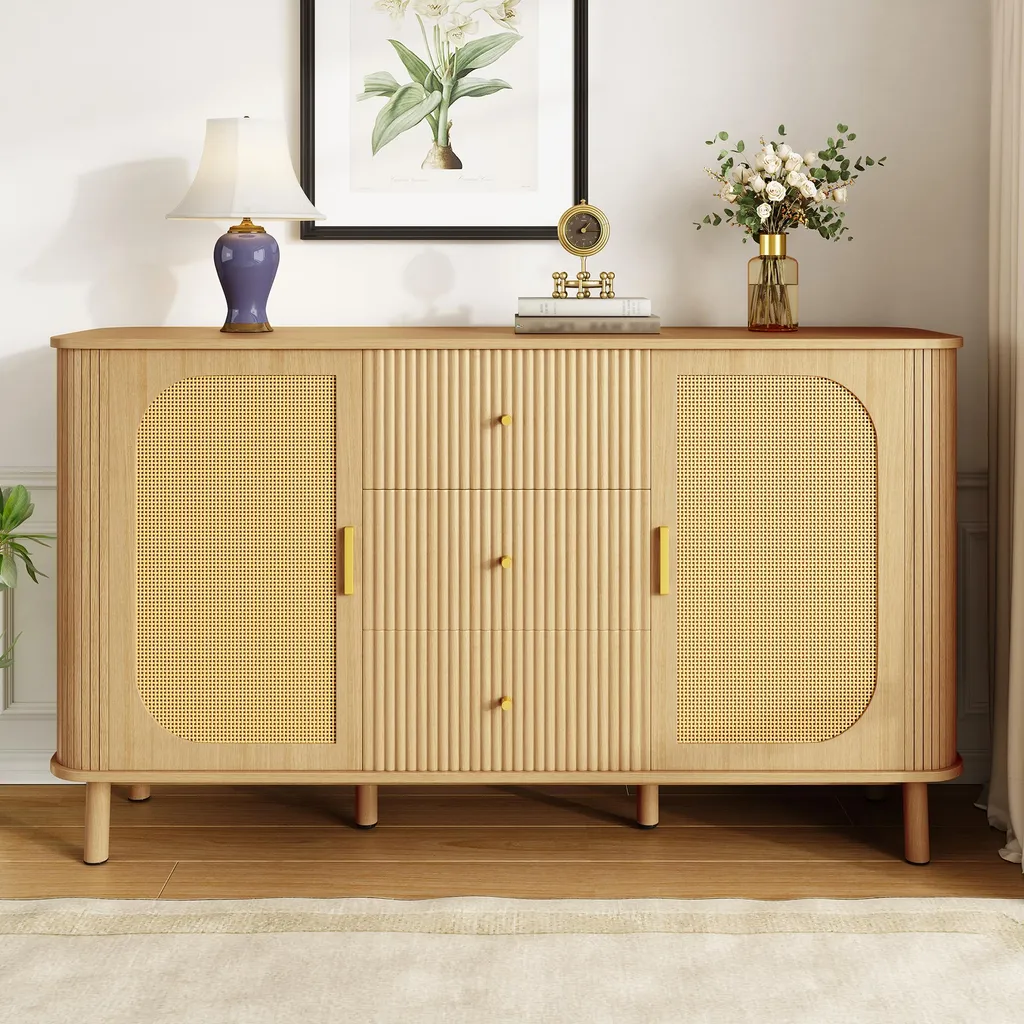 Commode de salon en bois et rotin avec portes semi-elliptiques chic