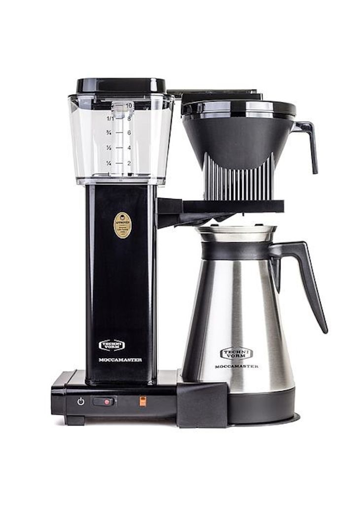 A black and silver Moccamaster coffee maker with a thermal carafe, photographed against a white background.