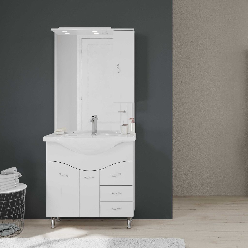 Bodenstehendes Badmöbel Set mit Hängeschrank, glänzend weiß Produktbild 