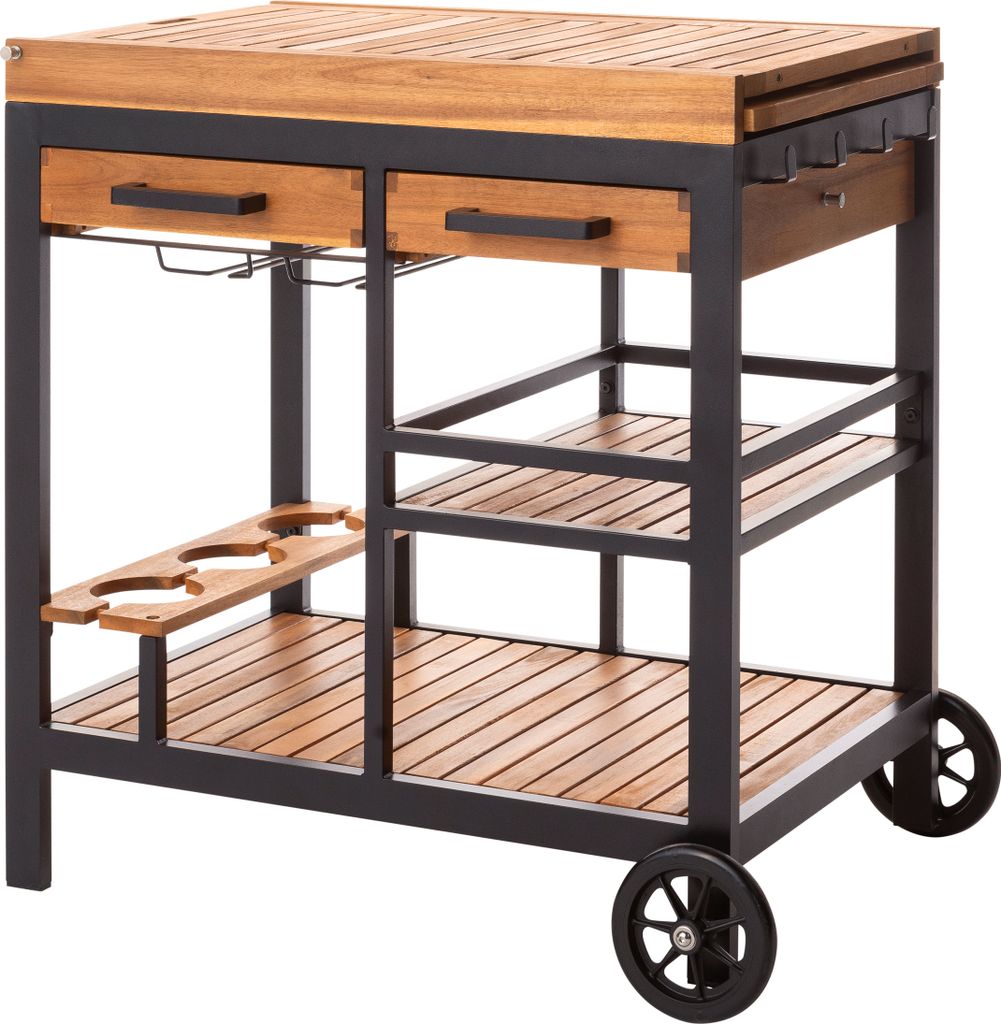 Dehner Servierwagen Liverpool, rollbar, mit Gläserhalterung, 150 x 82 x 52 cm, Aluminium / FSC -es Akazienholz, schwarz / natur