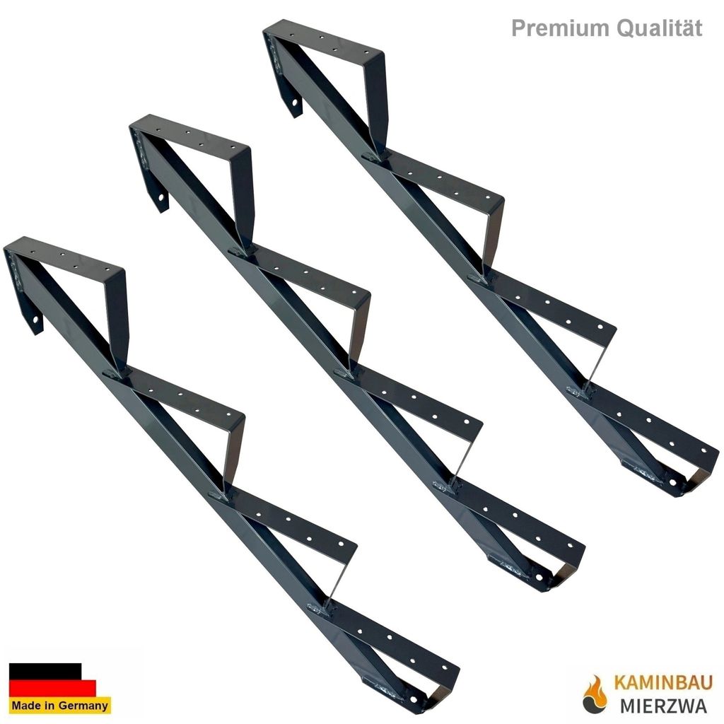 Three black metal stair stringers are displayed against a white background.