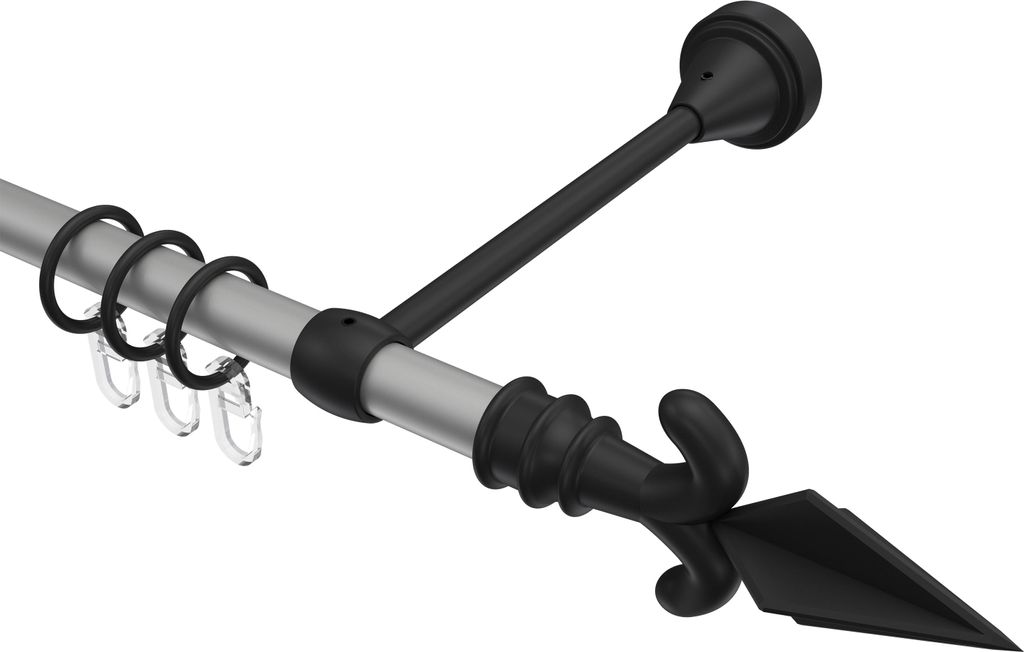 Interdeco Gardinenstange / Vorhangstange Silbergrau / Schwarz, Typ Primus Matteo (Pfeil), 16 mm Ø 1-läufig, 440 cm