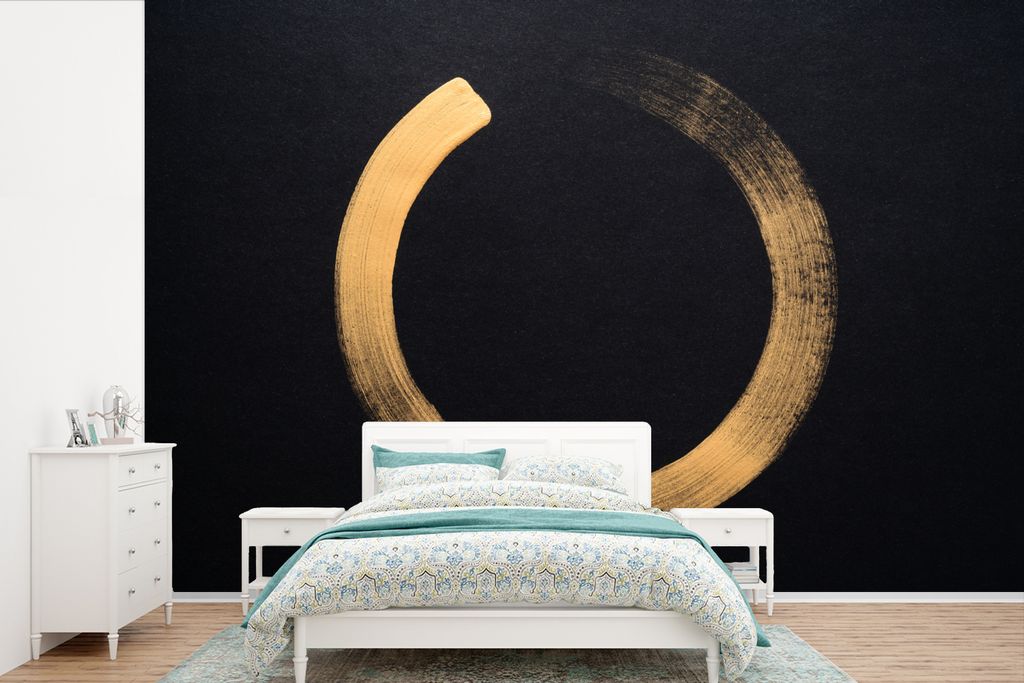 MuchoWow Fototapete für Wohnzimmer oder Schlafzimmer Wandtapete Vinyl Motivtapete Goldener Kreis auf dunklem Hintergrund - 450x300 cm - Gemusterte