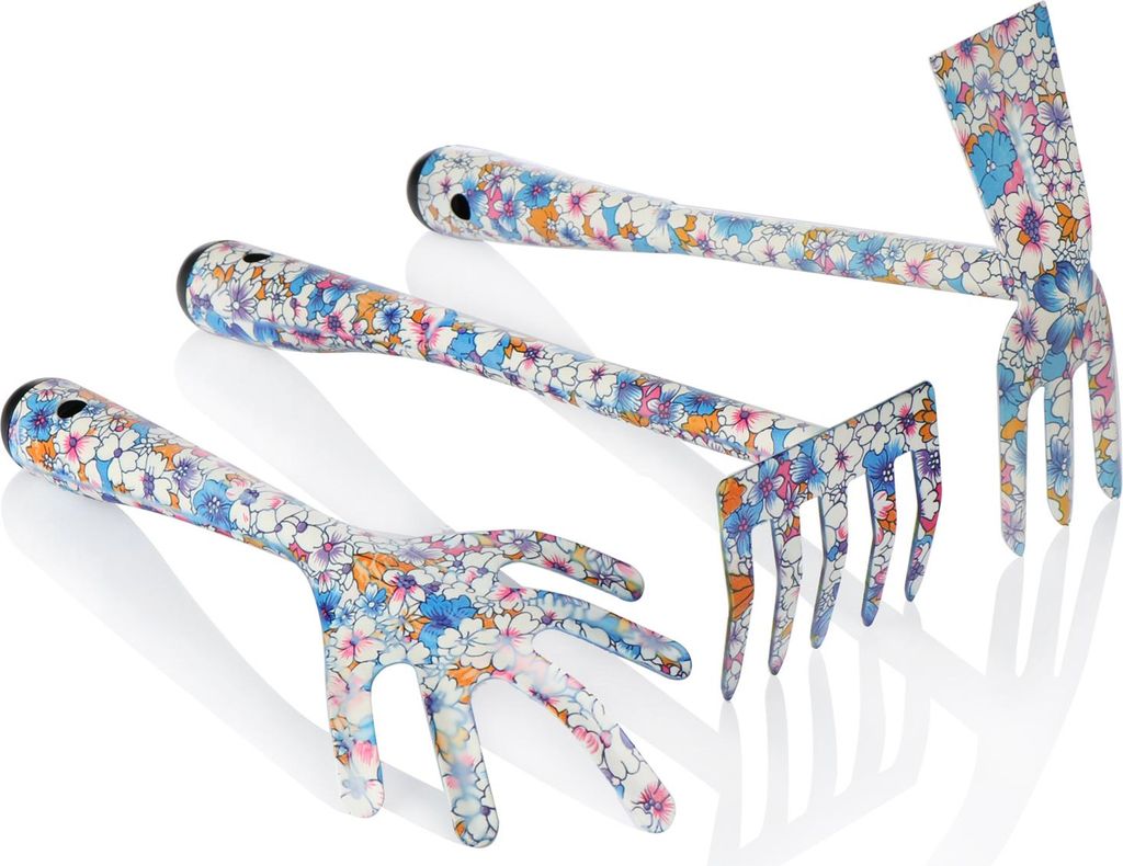 COM-FOUR 3-teiliges Pflanzwerkzeug aus Metall - Garten-Werkzeug Set - Doppelhacke, Grubber und Blumen-Rechen in bunt für Garten und Balkon