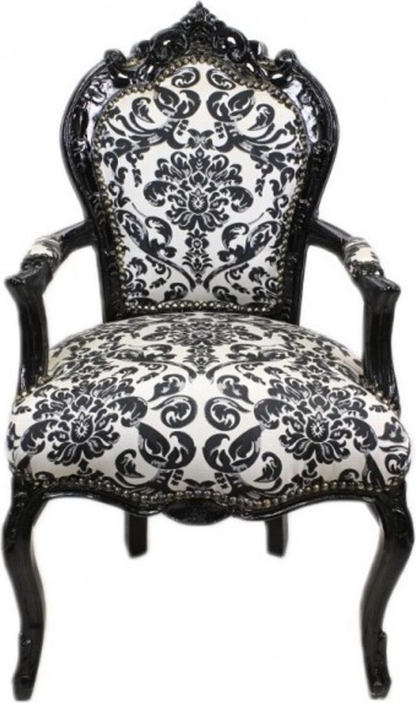 Casa Padrino Barock Esszimmer Stuhl Blumen Muster Schwarz / Weiß mit Armlehnen