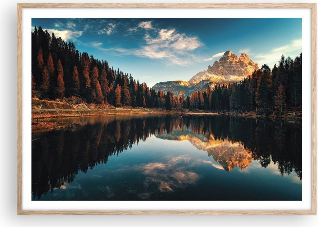 Gerahmtes Poster - Rahmen in heller Eiche - Spiegelung See Landschaft - 100x70 cm - Wand Bild - Wanddeko - Wandbilder - Kunstposter - Wandposter - ...