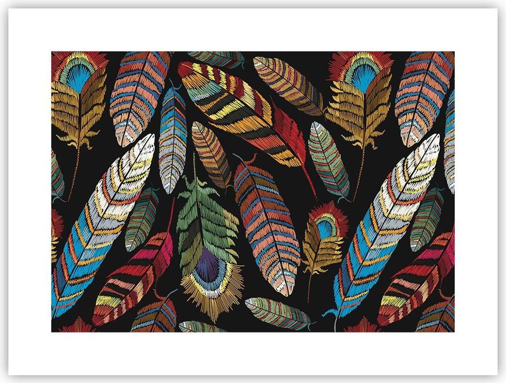 Poster - Poster ohne Rahmen - Federn Bunt Stickerei - 40x30 cm - Wand Bild - Wanddeko - Wandbilder - Kunstposter - Wandposter - Bilder - Kunstdruck...
