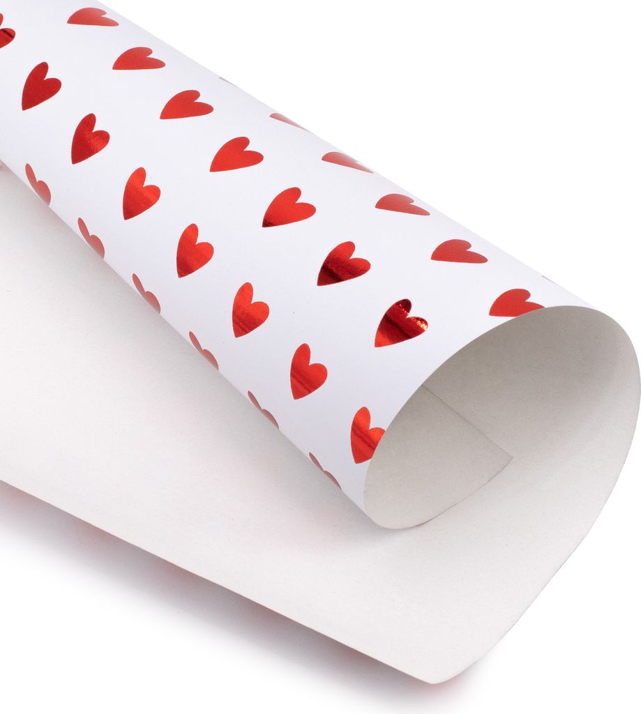 Geschenkpapier Herzen 70cm x 2m Rolle Weiß / Rot glänzend