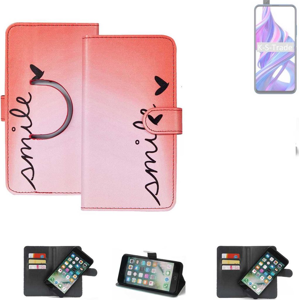 K-S-Trade Schutzhülle Handyhülle kompatibel mit Huawei Honor 9X Hülle cover bookstyle Etui ''smile'' rot Standfunktion Kameraschutz (1Stk)
