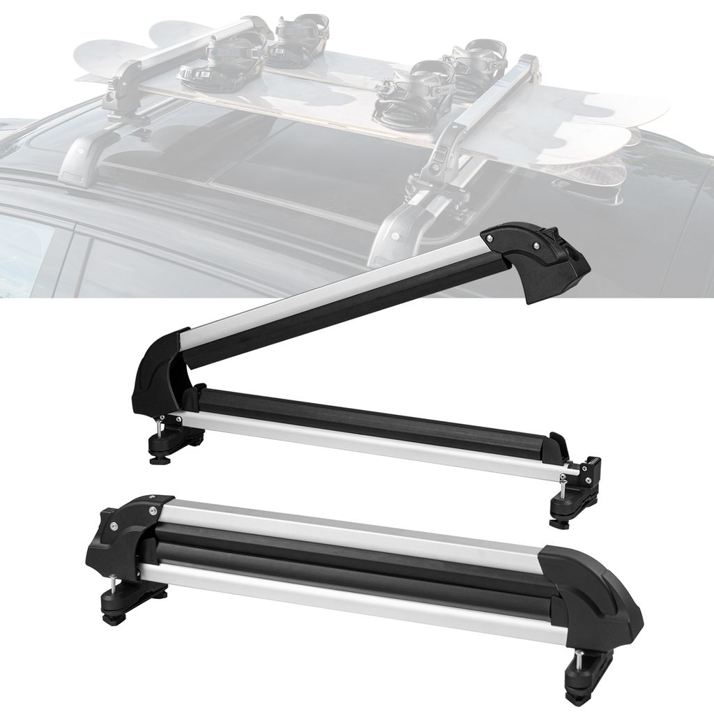 Two ski and snowboard roof racks are shown against a white background. The top rack is shown in a slightly elevated position, while the bottom rack is shown directly on the white background. A faded image of a car roof with skis and snowboards mounted on a