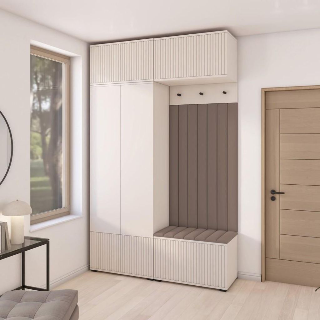 Garderoben-Set Ritmo version 2 – gefräste Kleiderschrank mit Polsterplatten, Schuhschrank, für Flur und Eingangsbereich (cashmere, Trinity 06)