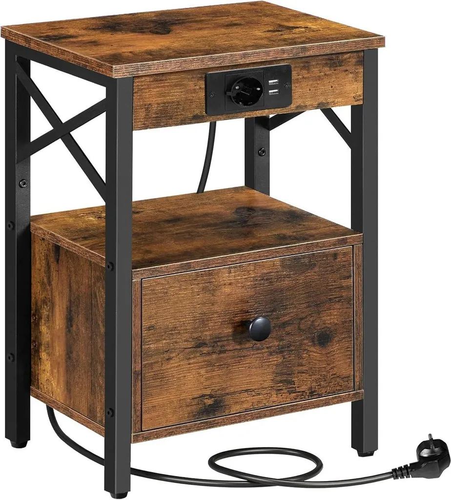 Bout de canapé Marron Vintage avec Prises USB et Tiroir Rabattable