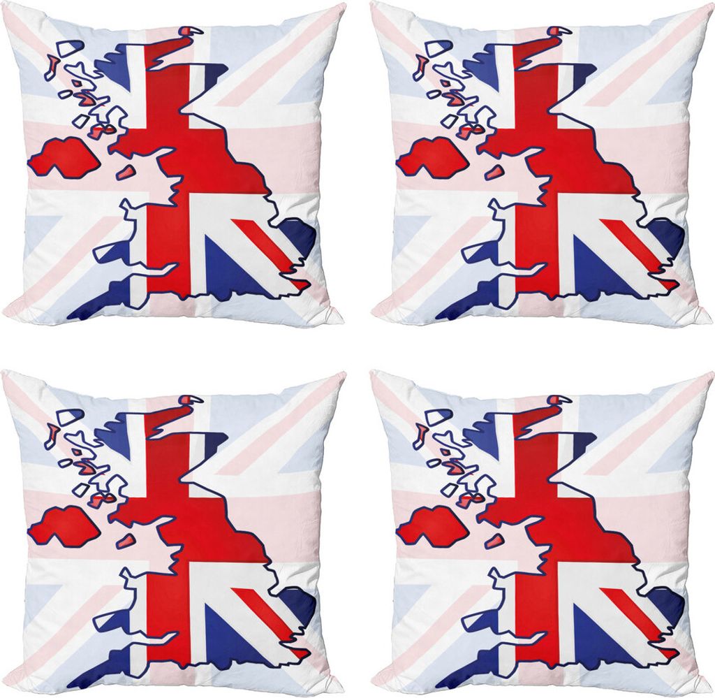 ABAKUHAUS Union Jack Kissenbezug Set (4 Stück), Land-Karten-Flagge, Moderner Doppelseitiger Digitaldruck, 45 cm x 45 cm, Violett Blau Rot Weiß
