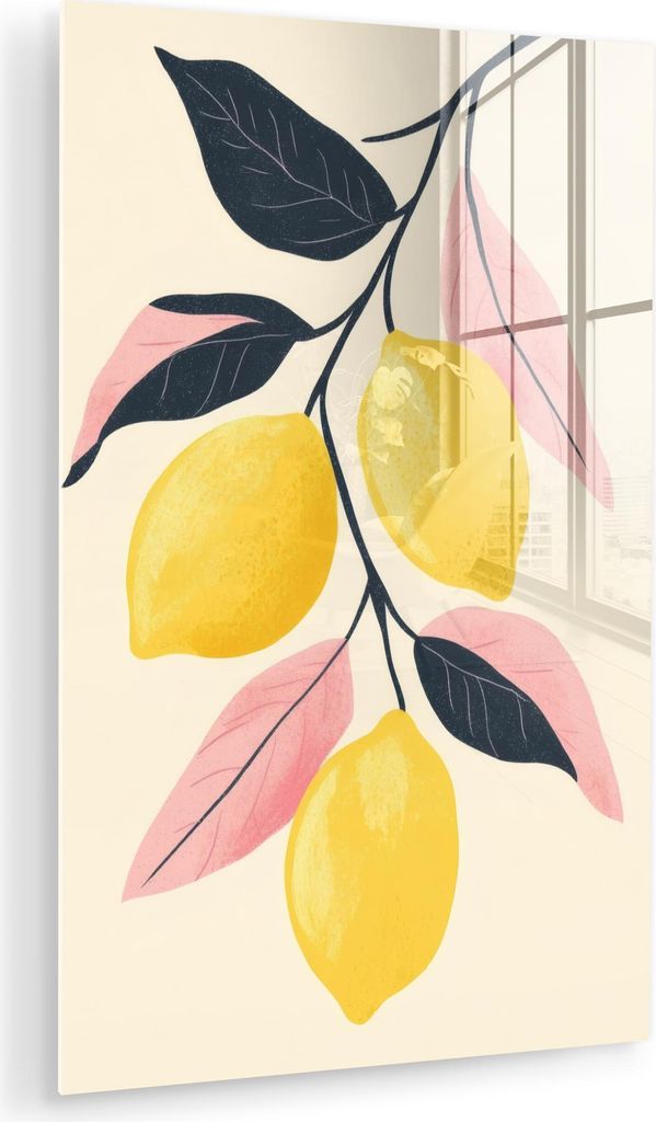 MuchoWow Glasbilder - Bilder auf Wandbild - Foto auf Glas Zitronen - Leuchtend gelb - Zweig - Blätter 60x90 cm Wanddekoration aus Glas - Acrylglas...