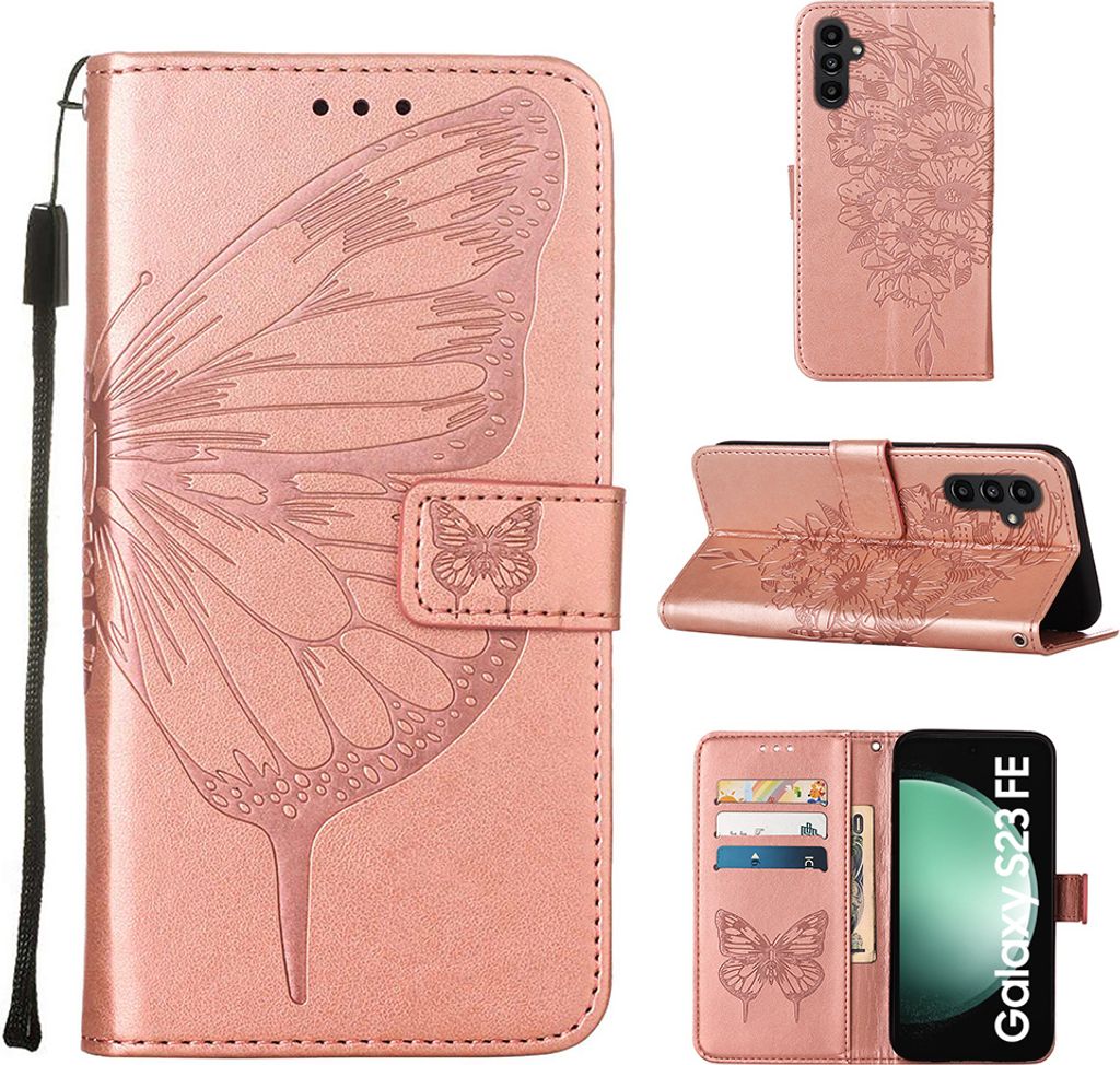 Lederhülle für Samsung Galaxy S23 FE Schmetterling Prägung Flip Ledertasche Kartenfächer Handyhülle mit Ständer Pink