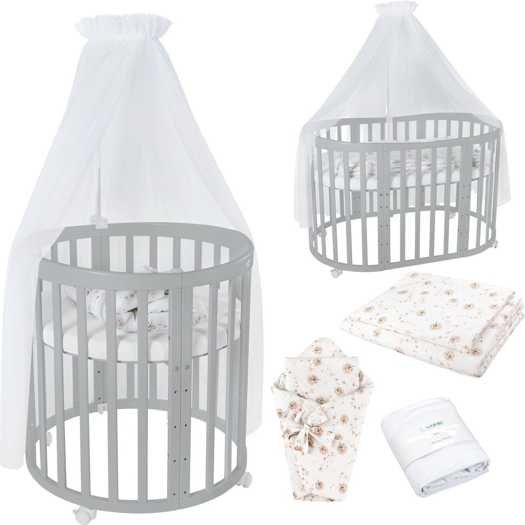 Mobiles Babybett OWAL aus Holz 7in1 mit Matratze, mitwachsend,Stoffe Weiß Löwenzahn,Holz grau