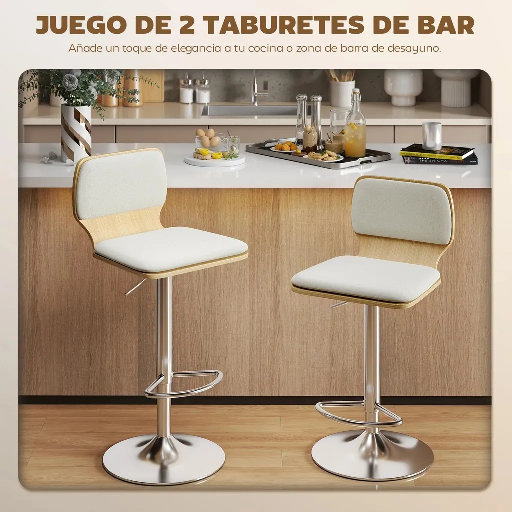 Tabourets de Bar Confortables en Lin avec Dossier et Base Stable Beige