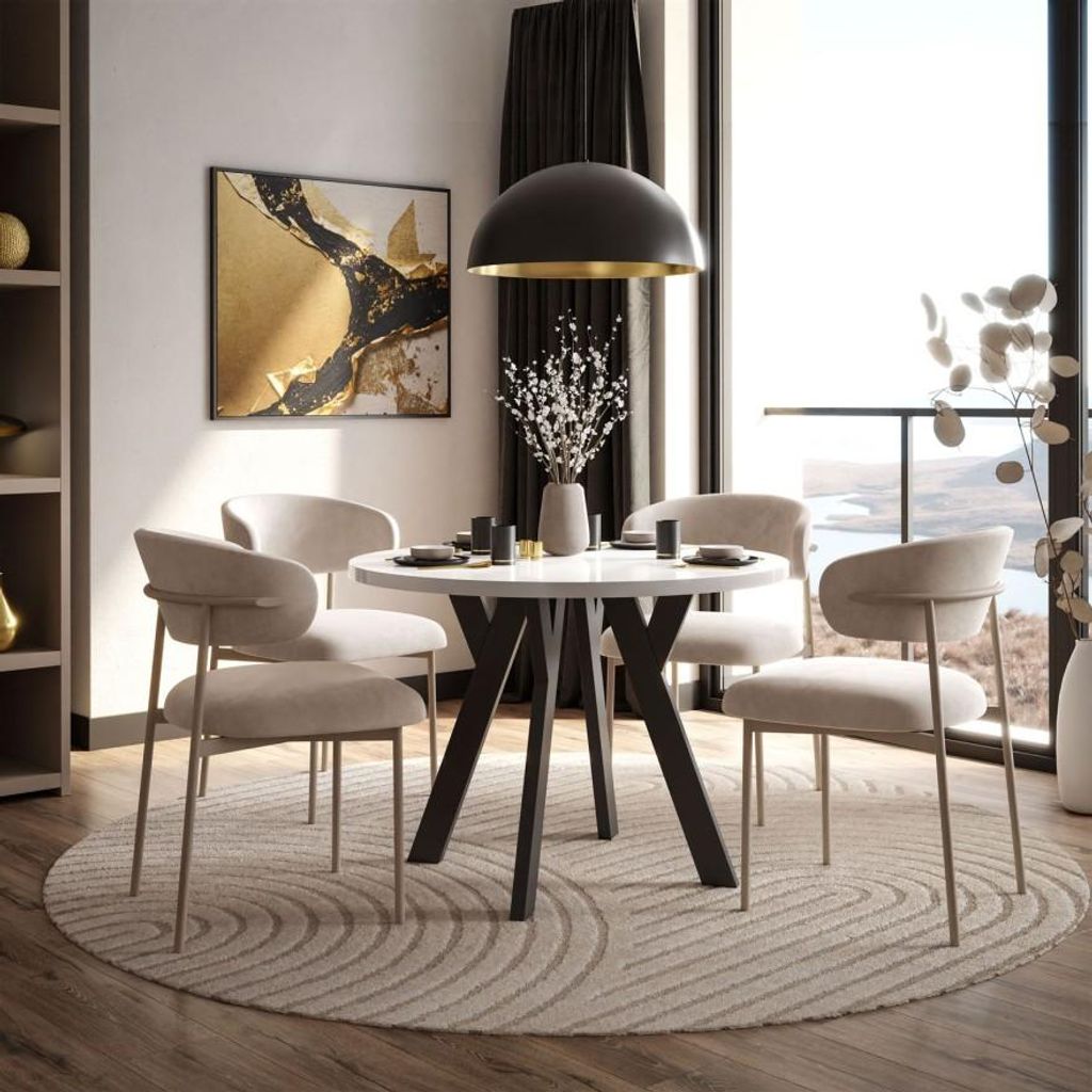 Esszimmer-Set VOLTA GLOSS mit vier Stühlen, Farbe der Beine – Schwarz, Farbe der Tischplatte – Hochglanz Weiß