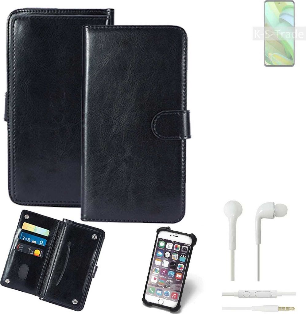 K-S-Trade 360° Hülle kompatibel mit Motorola Edge 2022 inkl. Headphones schwarz Kunstleder Case BookCase WalletCase Kunstlederederhülle