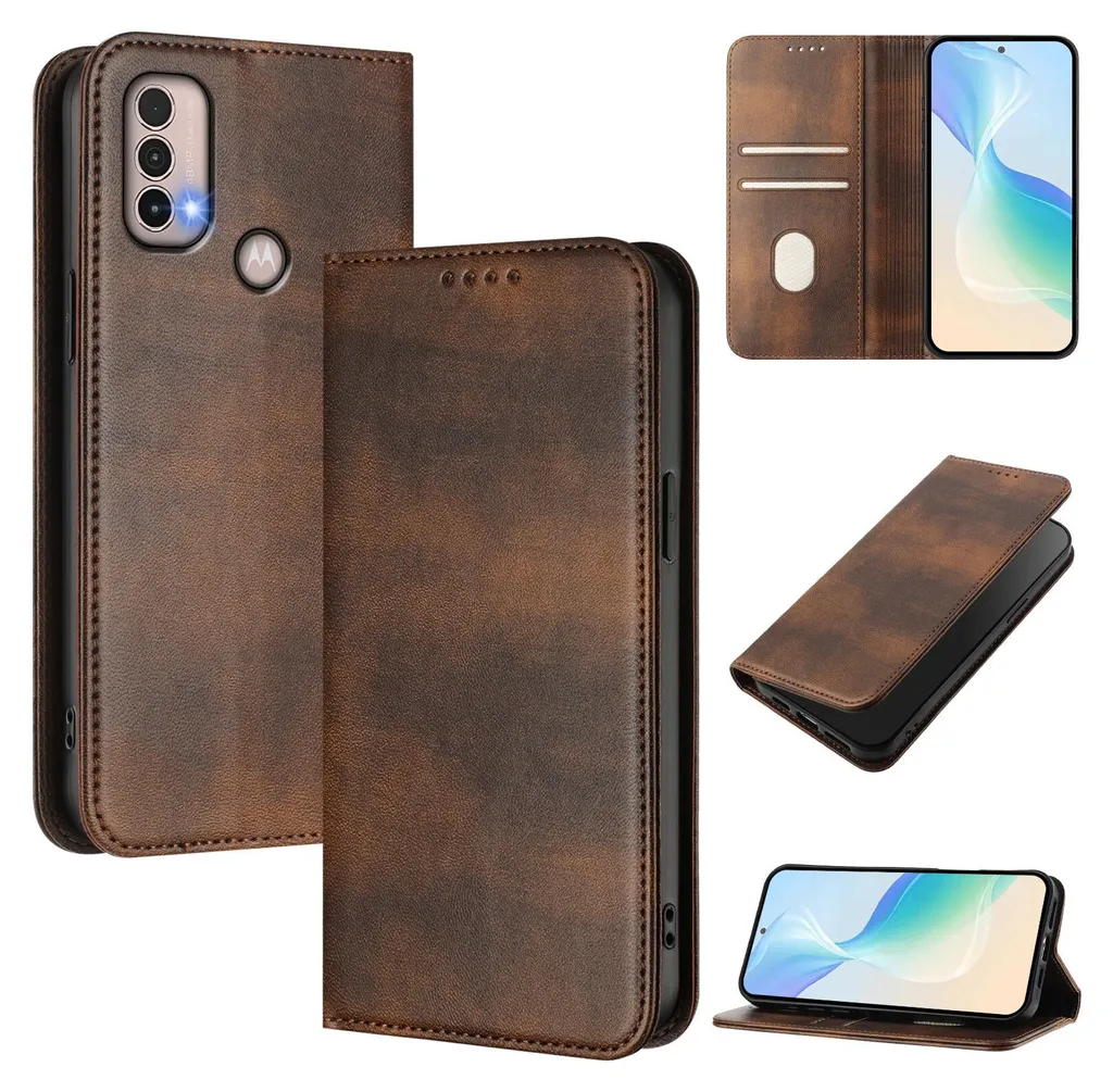 Custodia a Libro Moto E20 E30 E40 Marrone Pelle Vintage Portatessere