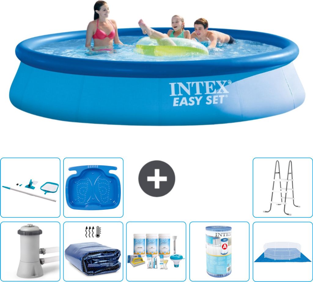 Intex runder aufblasbarer Easy Set-Schwimmpool – 396 x 84 cm – Blau – inklusive Pumpe Sonnensegel - Wartungspaket - Filter - Bodenplane - Rei...