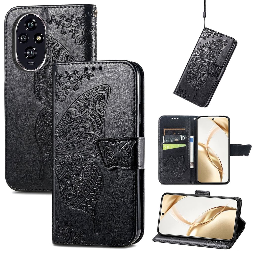 Für Honor 200 Kunstleder Wallet Handy Tasche Schmetterling Design Hülle Etuis Schwarz