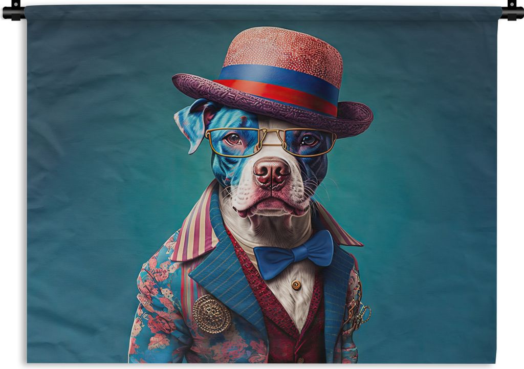MuchoWow Wandteppich Wandbehang Hund - Hut - Jacke - Blumen - Blau 120x90 cm Tapisserie Dekoration Wandtuch - Wohnen - Aufhänger für die Wand