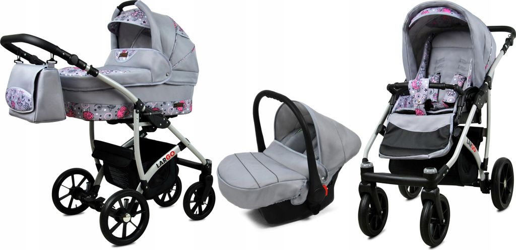 BabyLux Largo | 3in1 Kinderwagen Set | Pink Owl | Kombikinderwagen | Kinderwagenset | Buggy + B
