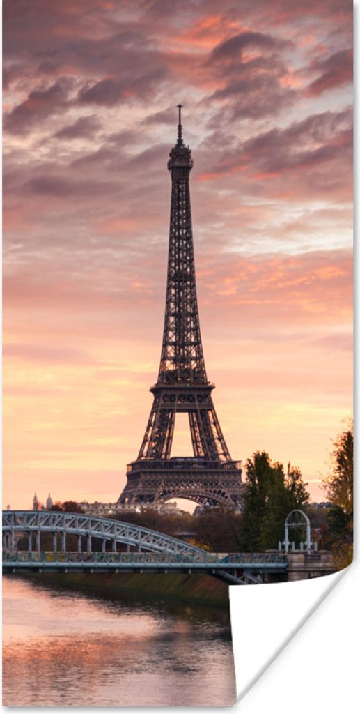 MuchoWow Poster Ein wunderschöner orangefarbener Himmel über dem Eiffelturm in Paris 60x120 cm - Wandschmuck