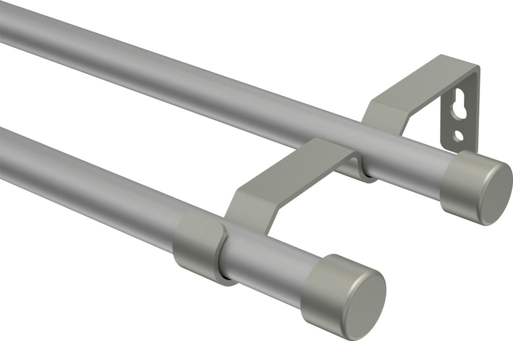 Interdeco Gardinenstange / Vorhangstange Silbergrau / Chrom matt, Typ Olymp Lucan (Kappe), 16 mm Ø 2-läufig, 520 cm