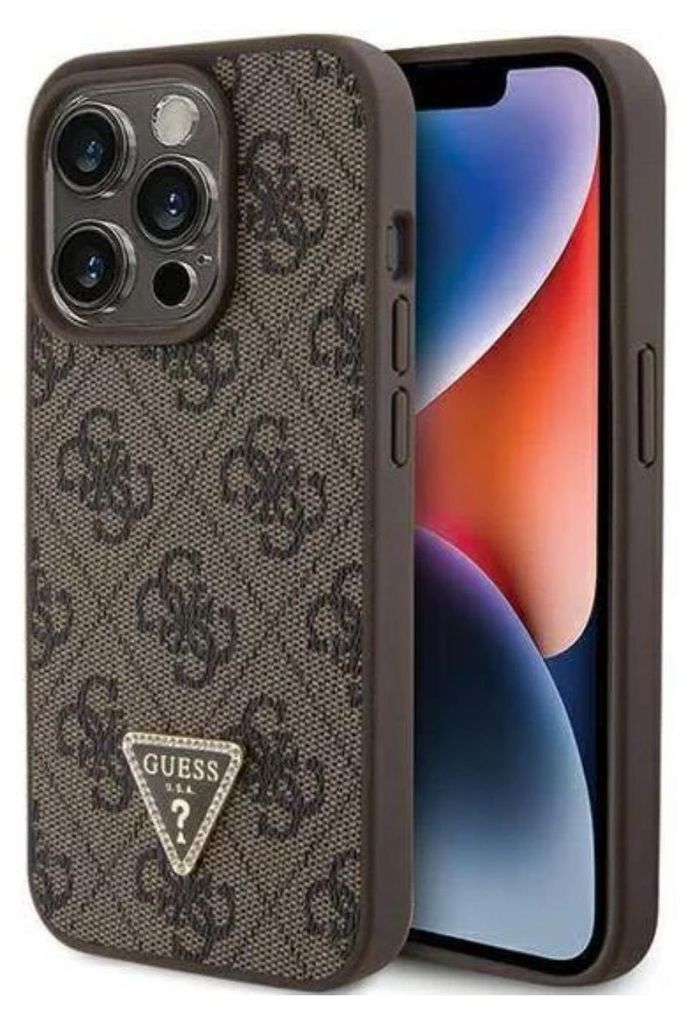 A close-up shot of a phone case with a repeating Guess logo pattern and a triangular Guess logo emblem.