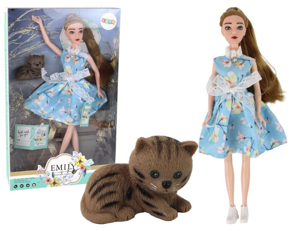 Leantoys Lalka Dla Dzieci Emily Wiosenna D?ugie W?osy Niebieska Sukienka Kotek