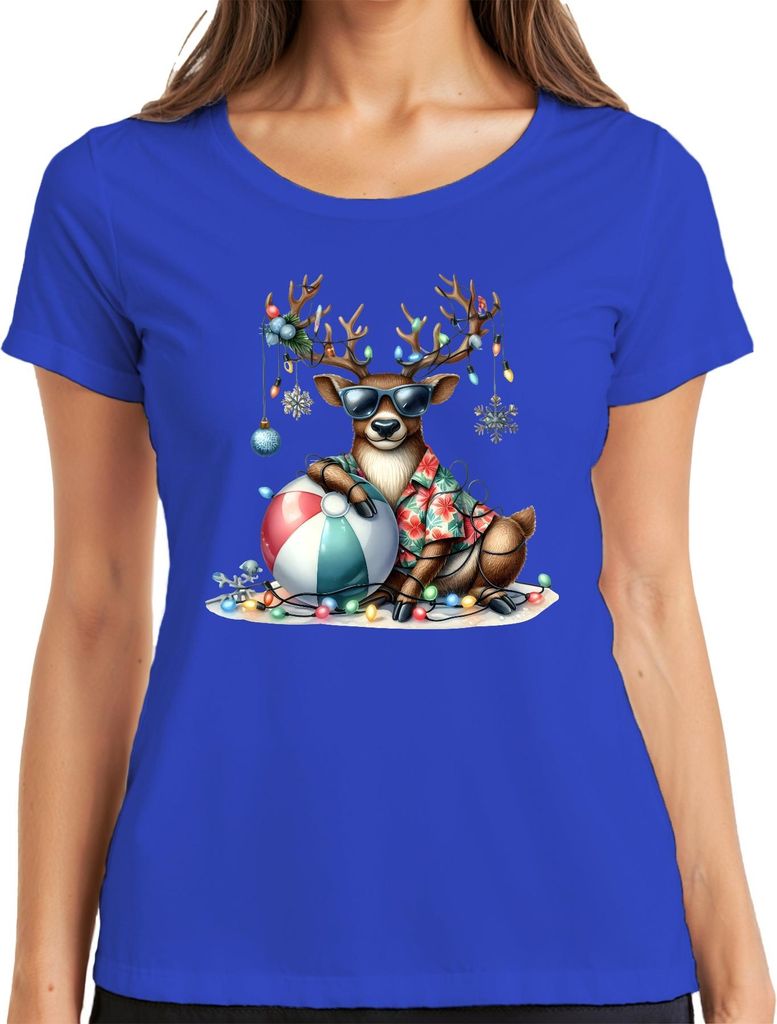 Weihnachtsrentier Sonnenbrille Hawaiihemd Strandball Lichterkette Damen T-Shirt, Blau, XXL