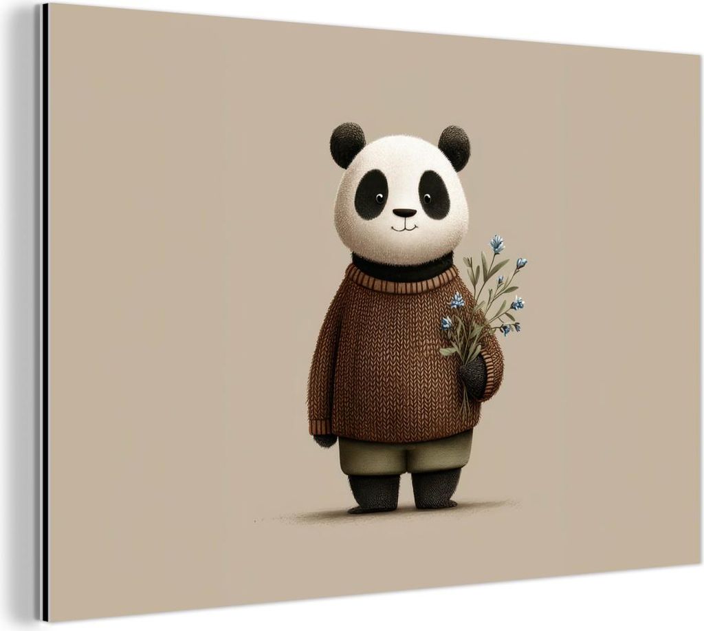 MuchoWow Wanddekoration Metall Metallbild Wandkunst 90x60 cm Panda - Blaue Blumen - Sanftheit MuchoWow Aluminium Gemälde - Wandbilder